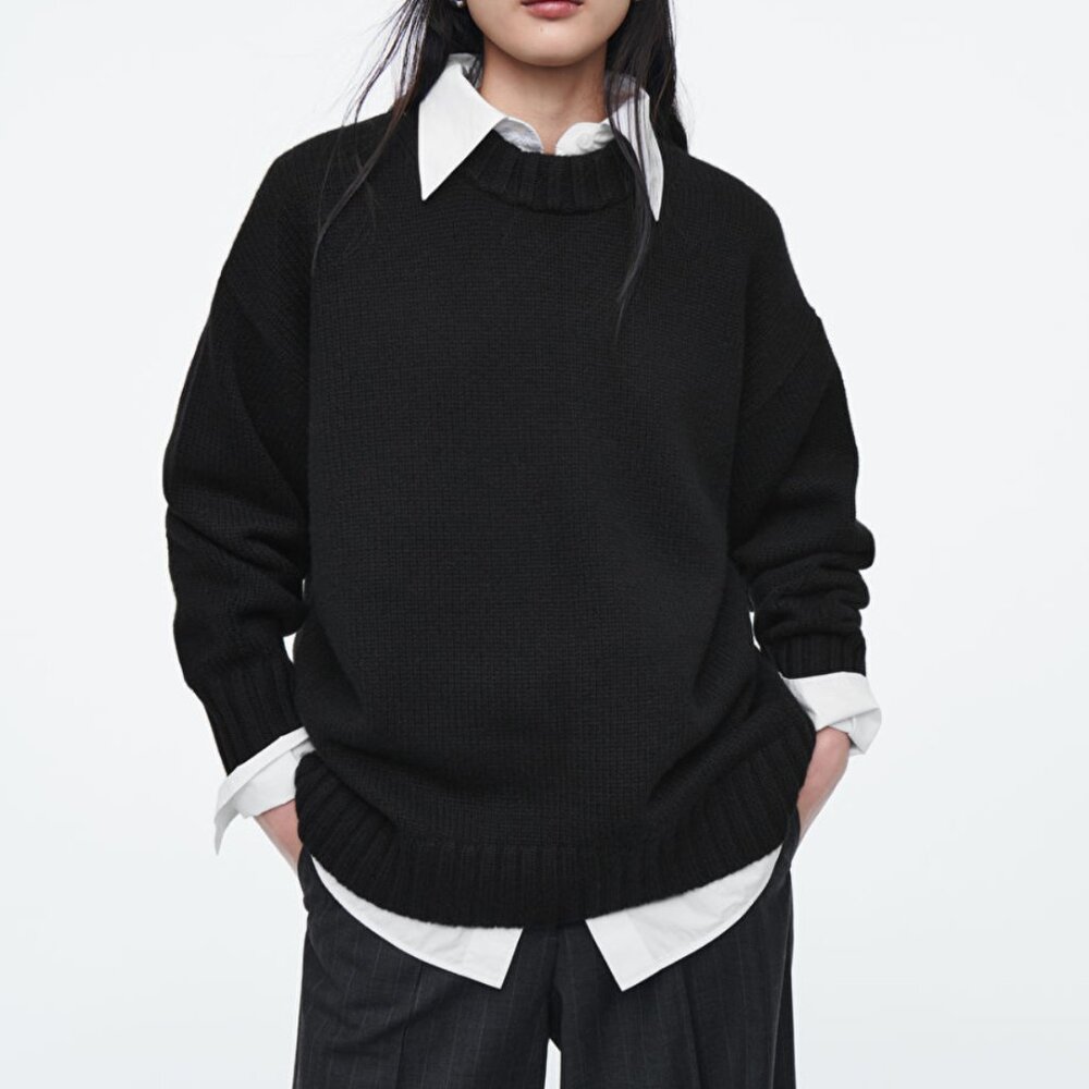 COS Chunky Pure Cashmere Crew Neck Sweater - Navy - XS